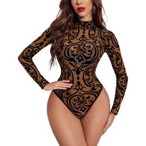 Women's Turtleneck Bodysuit Sheer Mesh Shirt Tops Stretchy Mesh Fitted Shirt Top